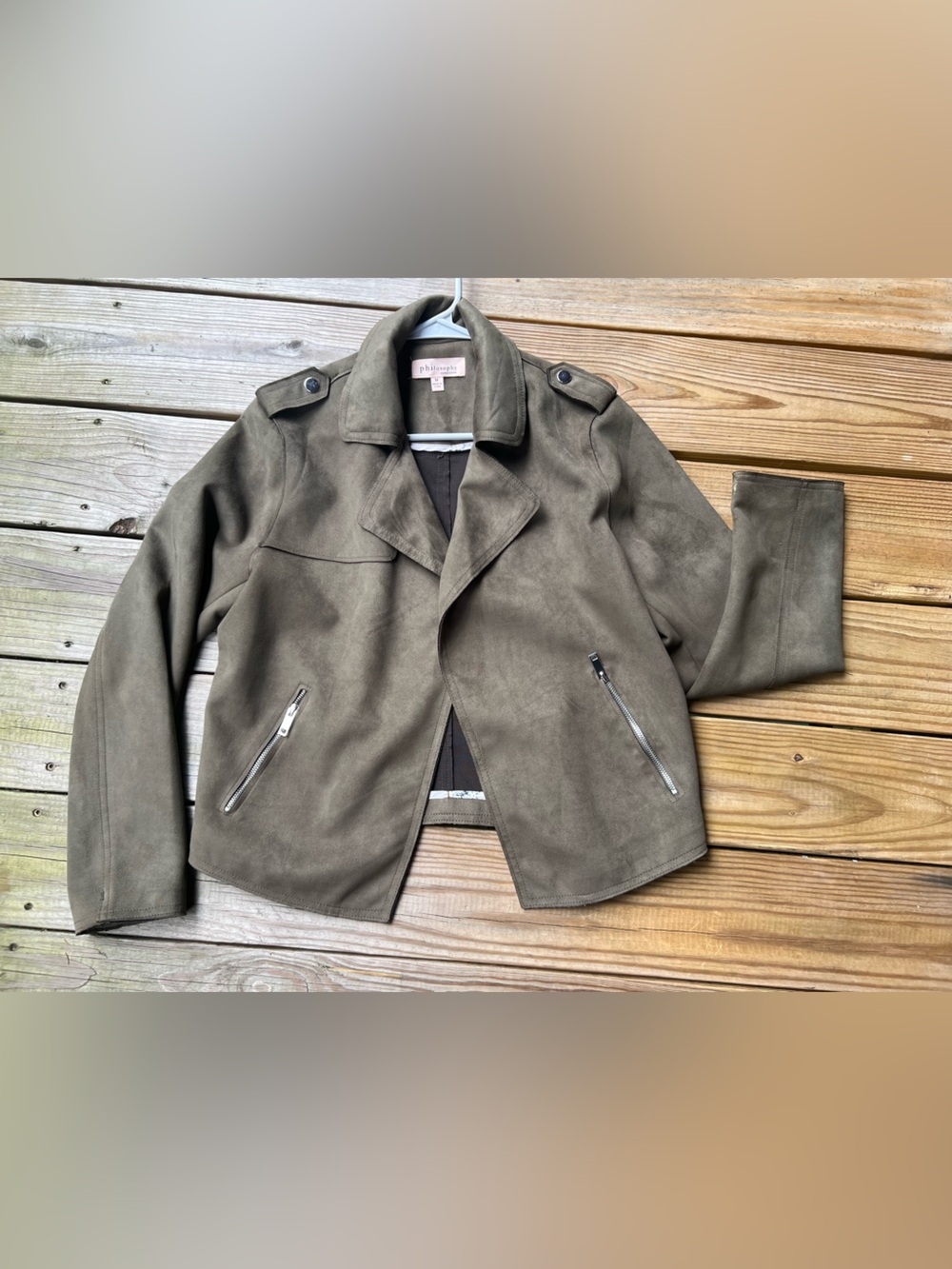 Philosophy Medium Olive Green Suede Moto Jacket - Picture 3 of 7